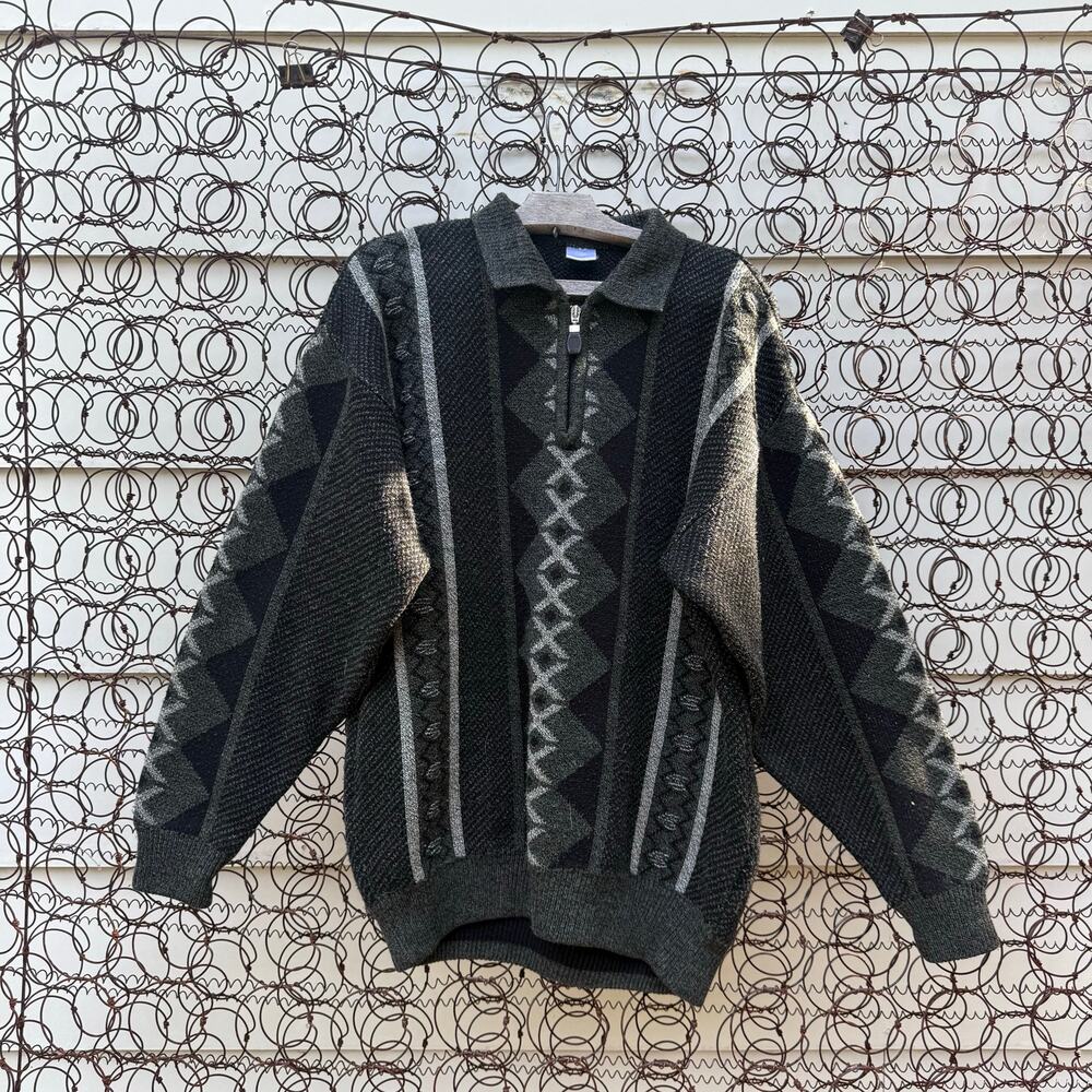 Vintage 90s Grandpacore Dark Academia Argyle Knit 1/4 Zip Collared Sweater MED?